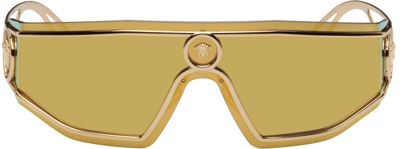 Shop Versace Gold Medusa Shield Sunglasses In Gold/gold