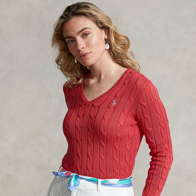 Shop Ralph Lauren Cable-knit V-neck Sweater In Starboard Red