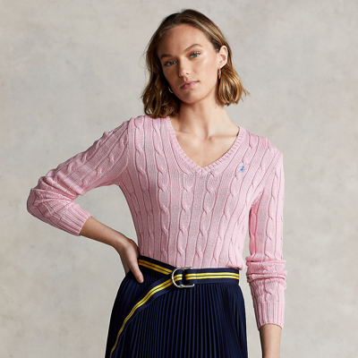 Shop Ralph Lauren Cable-knit V-neck Sweater In Carmel Pink/dusty Blue