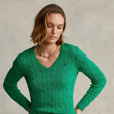 Shop Ralph Lauren Cable-knit V-neck Sweater In Preppy Green/royal