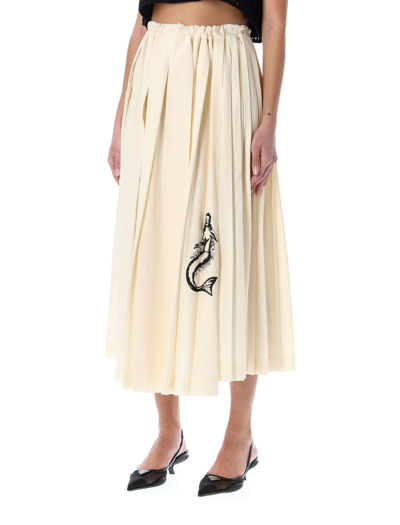 Shop Prada Printed Pleated Long Skirt In Ivory