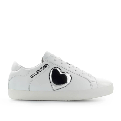 Shop Love Moschino White Sneaker With Silver Heart In Bianco / Argento