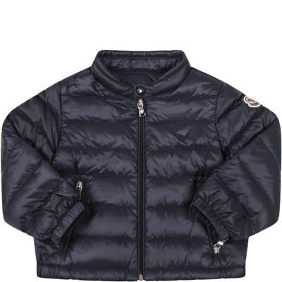 Shop Moncler Blue Acorus Jacket For Baby Boy With Patch Logo
