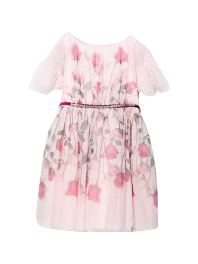 Shop Monnalisa Pink Dress With Tulle Insert And Floreal Print