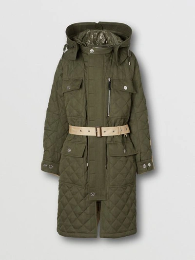 Burberry Men's Olive Green Detachable Hood Quilted Ramie Cotton Parka, Size Small