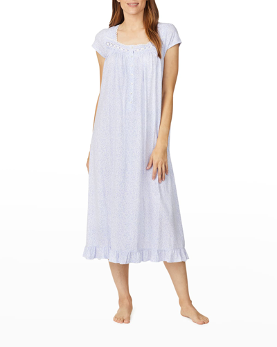Shop Eileen West Cap-sleeve Cotton Jersey Nightgown In Wht/bluflr