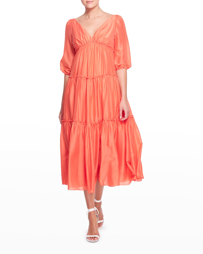 Shop Marchesa Notte Puff-sleeve Tiered Voile Midi Dress In Orange