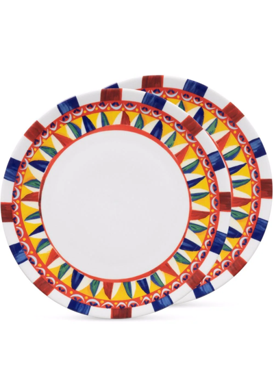 Shop Dolce & Gabbana Carretto-print Porcelain Dinner Plates (set Of 2) In White