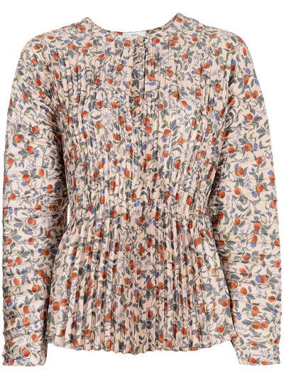 Shop Vince Floral-print Pleated Blouse In Mehrfarbig