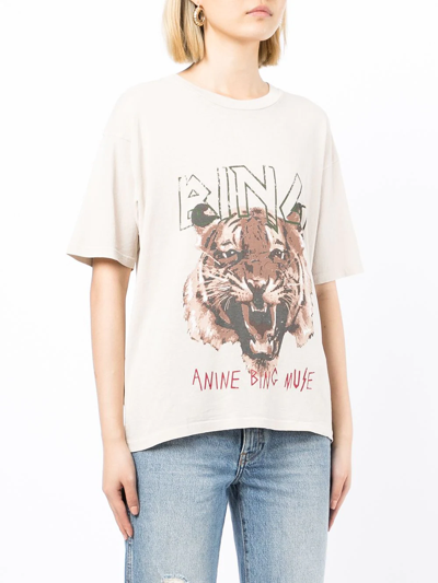 Shop Anine Bing Tiger-print Organic-cotton T-shirt In Nude
