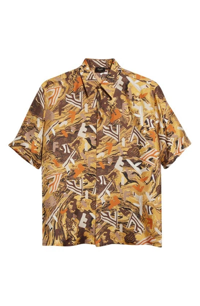 Shop Fendi Fragment Print Short Sleeve Silk Button-up Shirt In Yellow/ Brown