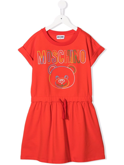 Shop Moschino Embroidered-logo Dress In Red