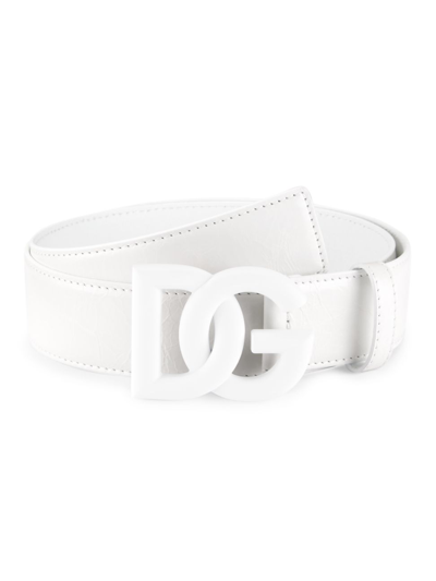 Shop Dolce & Gabbana Men's Leather Logo Buckle Belt In Bianco
