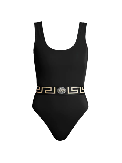 Shop Versace Women's Greek Key Belt One-piece Swimsuit In Black