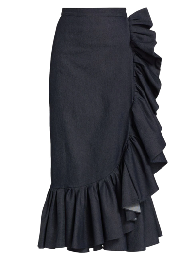 Shop Adam Lippes Women's Denim Ruffled Skirt In Indigo