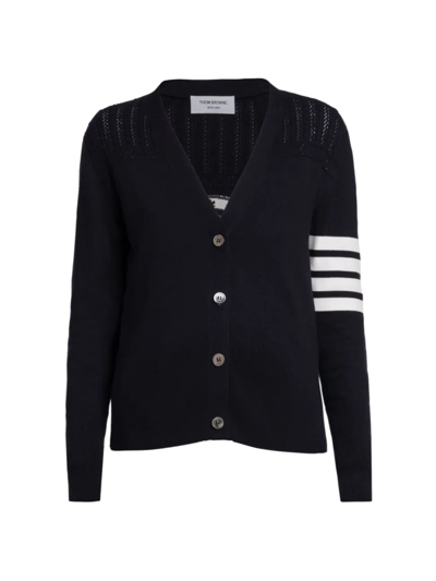 Shop Thom Browne Women's Striped Pointelle-knit Cardigan In Navy