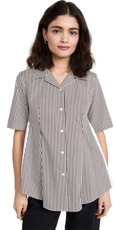 Shop Adam Lippes Short Sleeve Side Gathered Top In Stripe Poplin In Chocolate/white