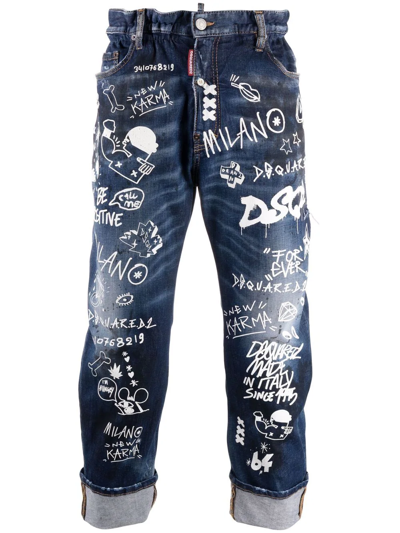 Dsquared2 Dark Graffiti Wash Big Deans Brother Jeans In Blue 