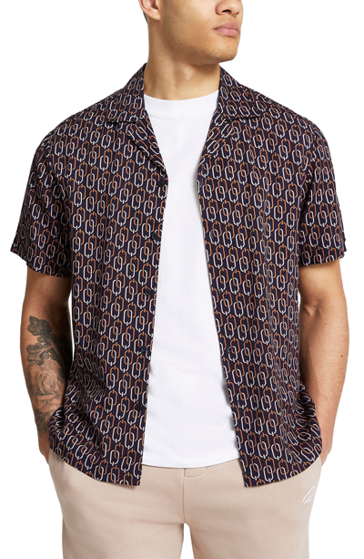 Shop River Island Revere Chain Print Short Sleeve Button-up Shirt In Navy