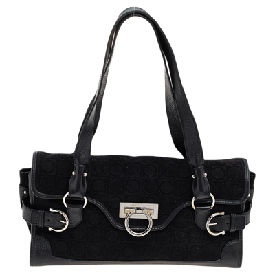 Pre-owned Ferragamo Black Gancini Velvet And Leather Shoulder Bag