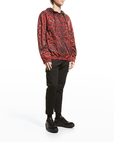 Shop Dolce & Gabbana Men's Leopard Wind-resistant Hooded Jacket In Red Leoprt