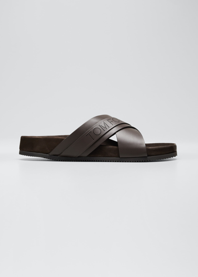 Shop Tom Ford Men's Crisscross Leather Slide Sandals In U7051 Chocolate