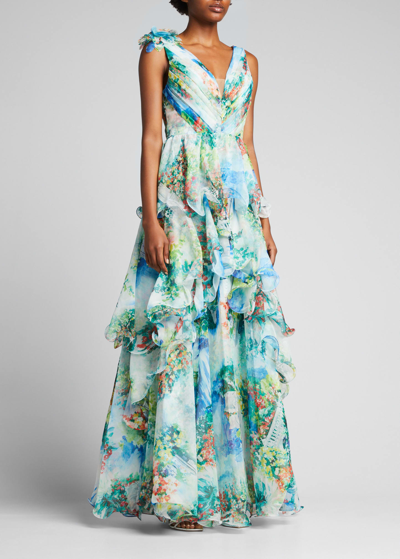Shop Marchesa Notte Tiered Chiffon Gown W/ 3d Floral Corsage In Multi
