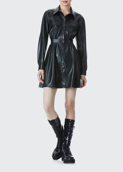 Shop Alice And Olivia Malina Vegan-leather Shirtdress In Black