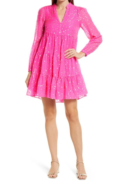 Shop Lilly Pulitzerr Sarita Long Sleeve Silk Dress In Pink Topaz Gold Clip