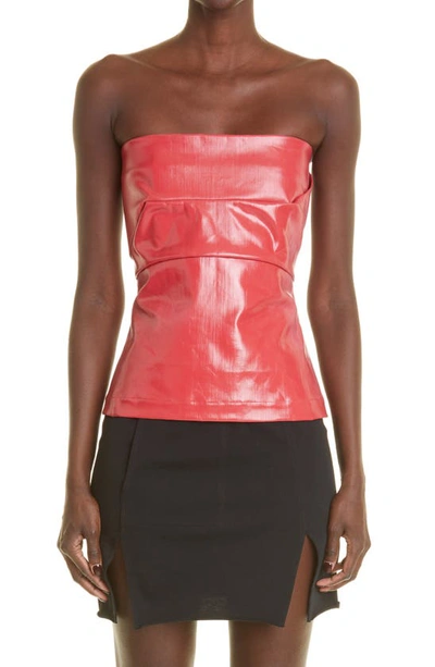 Shop Rick Owens Lacquered Stretch Denim Strapless Bustier Top In Red