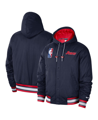 Shop Nike Men's  Navy, Red Philadelphia 76ers 2021/22 City Edition Courtside Hooded Full-zip Bomber Jacket In Navy/red