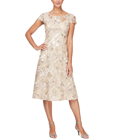 Shop Alex Evenings Floral Embroidered A-line Soutache Dress In Champagne