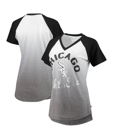 Shop Touché Women's Black And White Chicago White Sox Shortstop Ombre Raglan V-neck T-shirt In Black/white