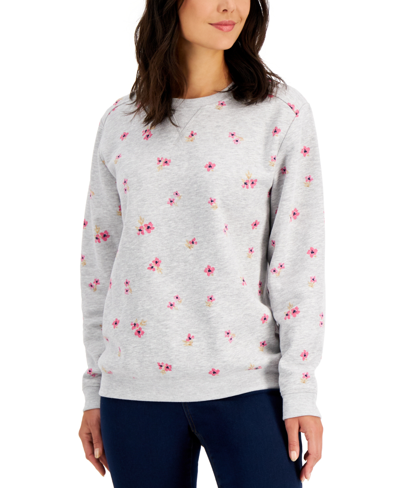 Shop Karen Scott Printed Long-sleeve Sweatshirt, Created For Macy's In Light Smoke Heather