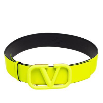 Pre-owned Valentino Garavani Lime/nero Vlogo Signature Buckle Belt 70cm In Yellow