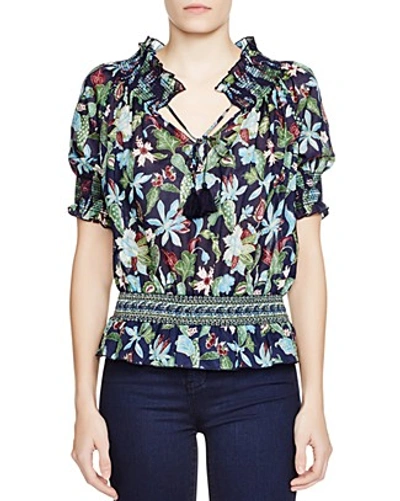 Tory Burch Floral Print Smocked Peasant Top In Garden Wisteria