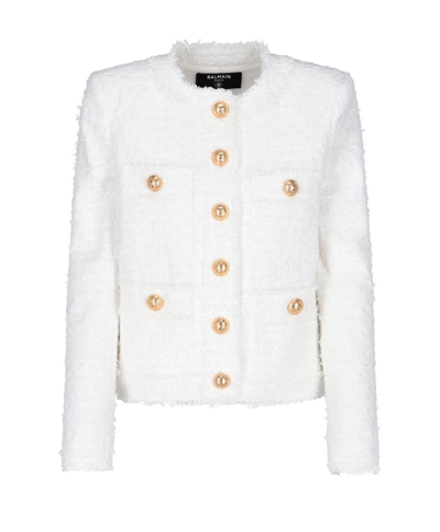 Shop Balmain Tweed Round Neck Buttoned Jacket In White