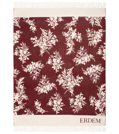 Shop Erdem Floral Jacquard Wool-blend Blanket In Burgundy / Ivory
