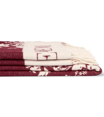 Shop Erdem Floral Jacquard Wool-blend Blanket In Burgundy / Ivory