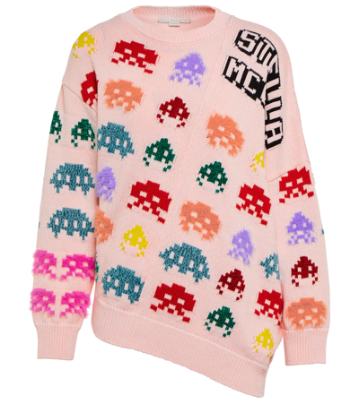 Shop Stella Mccartney Asymmetric Cotton-blend Jacquard-knit Sweater In Multicolor