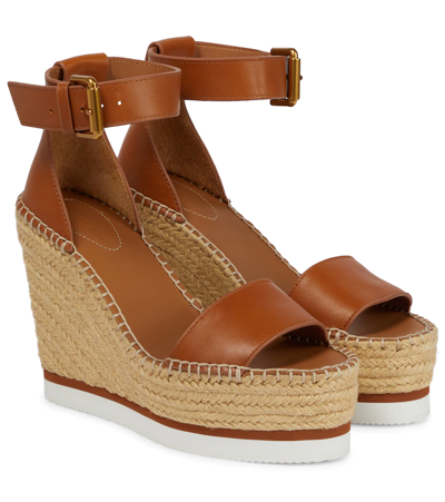 Shop See By Chloé Glyn Leather Espadrille Wedges In Lt Brown