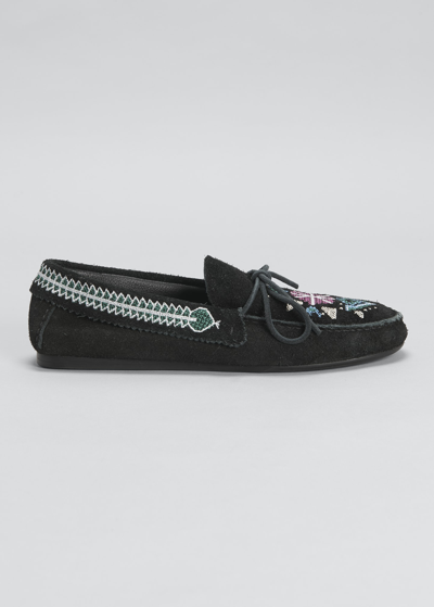 Shop Isabel Marant Freen Embroidered Suede Moccasin Loafers In Faded Black