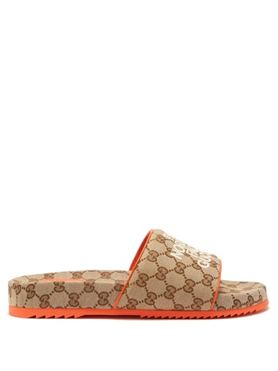 Gucci Men's Sideline Logo Canvas Slide Sandals - Beige - Size 7.5
