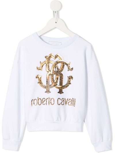 Roberto Cavalli Leopard Logo Print Sweatshirt In White