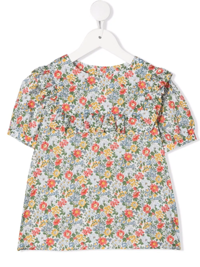 Shop Bonpoint Organic Cotton Floral Print Blouse In Blue