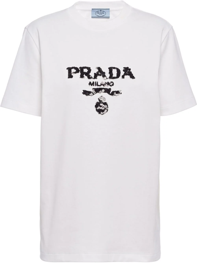 Shop Prada Sequin-embellished Interlock T-shirt In White