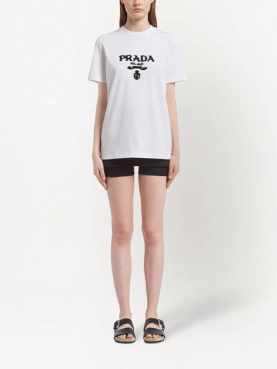 Shop Prada Sequin-embellished Interlock T-shirt In White