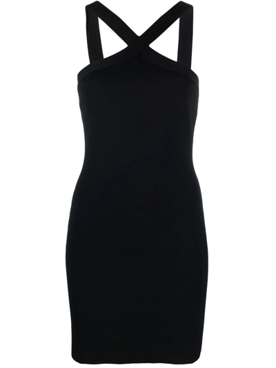 Shop P.a.r.o.s.h Cross-over Strap Fitted Mini Dress In Black