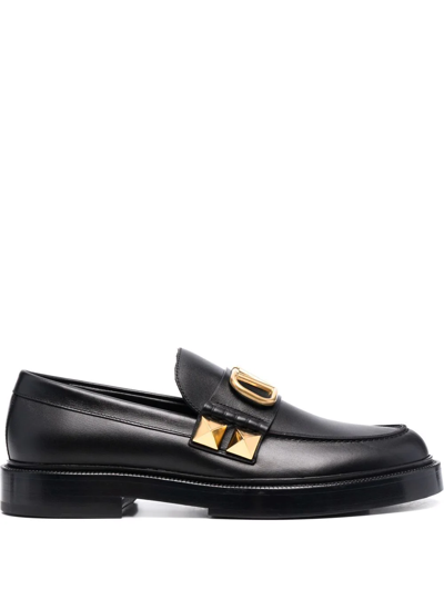Shop Valentino Stud Sign Leather Loafers In Black