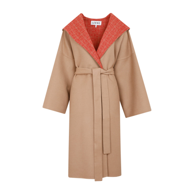 Shop Loewe Anagram Jacquard Hooded Coat In Brown